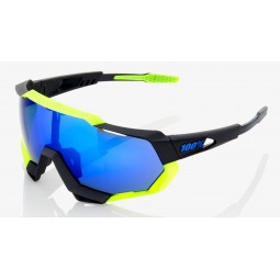 Okulary 100% SPEEDTRAP Soft Tact Black/Neon Yellow - Electric Blue Mirror Lens (Szkła Niebieskie Lustrzane, przepuszczalność świ