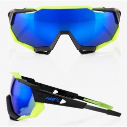 Okulary 100% SPEEDTRAP Soft Tact Black/Neon Yellow - Electric Blue Mirror Lens (Szkła Niebieskie Lustrzane, przepuszczalność świ