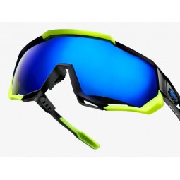 Okulary 100% SPEEDTRAP Soft Tact Black/Neon Yellow - Electric Blue Mirror Lens (Szkła Niebieskie Lustrzane, przepuszczalność świ
